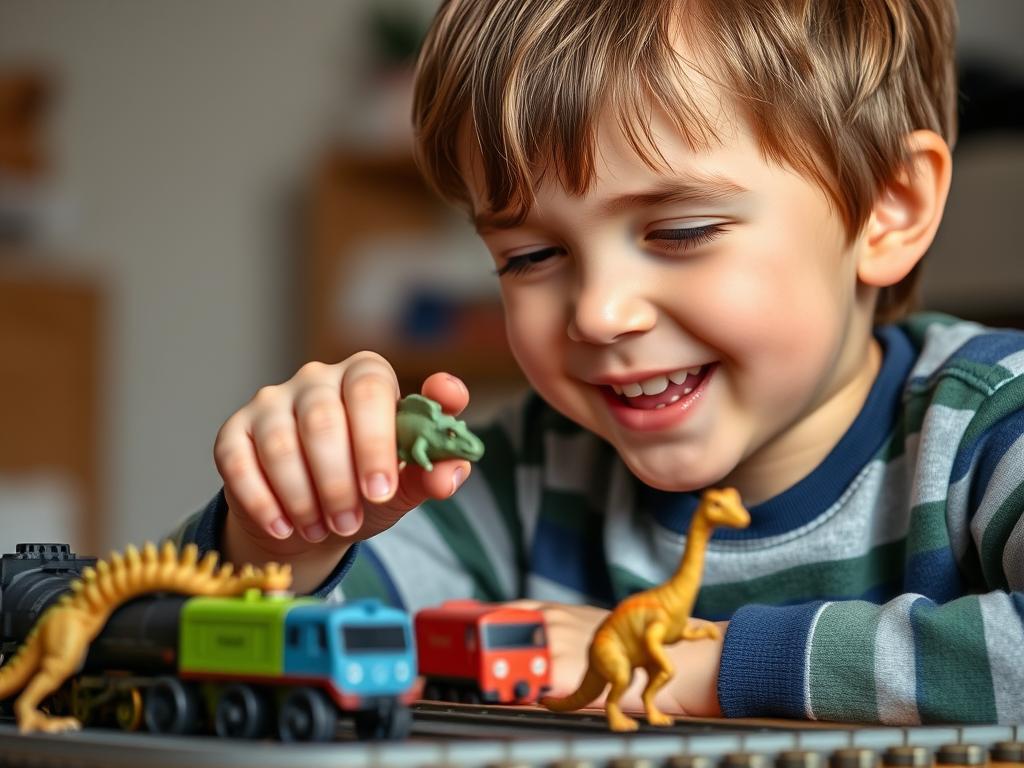 A child with autism engaging with a special interest, showing focused attention and joy