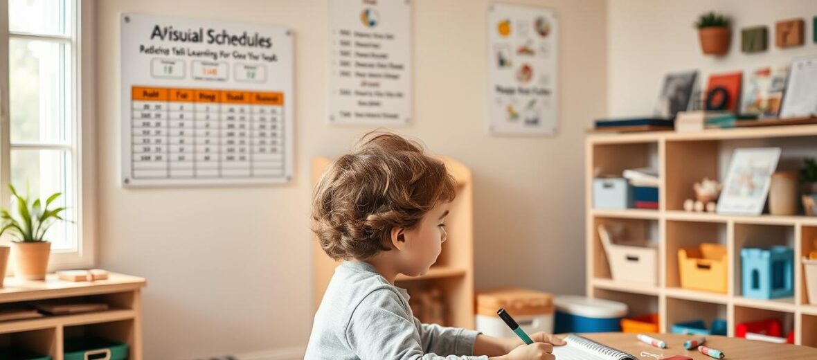 A child with autism learning in a supportive environment with visual aids and sensory tools