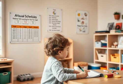 A child with autism learning in a supportive environment with visual aids and sensory tools