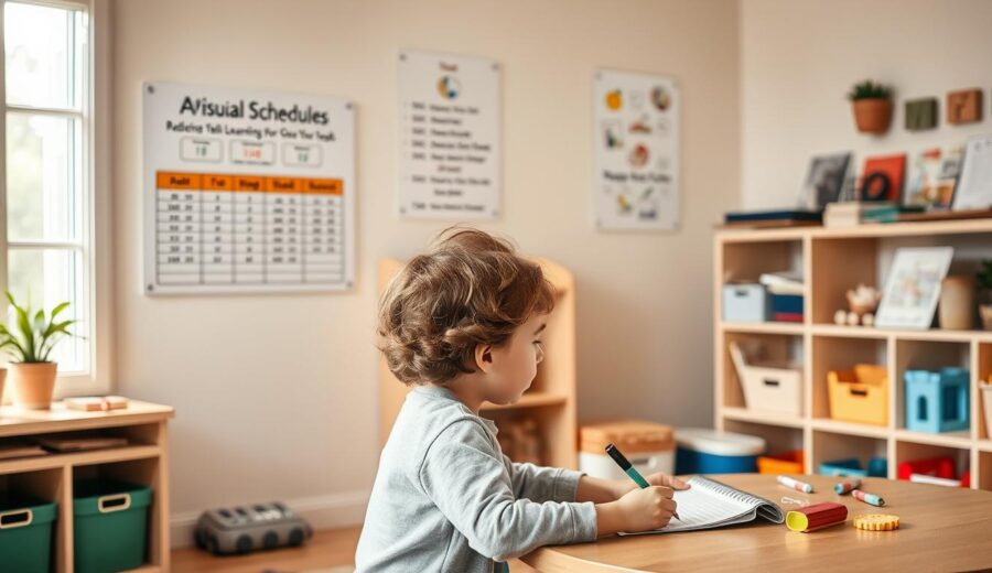 A child with autism learning in a supportive environment with visual aids and sensory tools