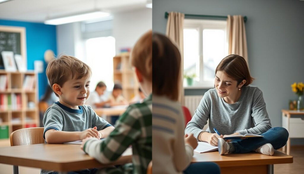 A child with autism participating in both homeschool and mainstream school activities A child with autism participating in both homeschool and mainstream school activities
