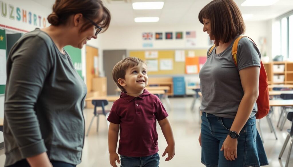 A child with autism visiting a potential school with a parent, meeting teachers before transitioning A child with autism visiting a potential school with a parent, meeting teachers before transitioning