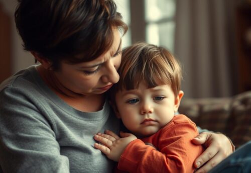 A concerned parent comforting an upset autistic child after school