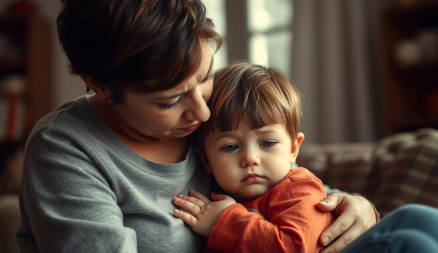 A concerned parent comforting an upset autistic child after school