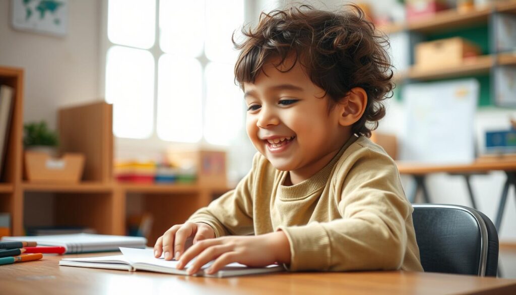 A happy autistic child engaged in learning in their ideal educational environment A happy autistic child engaged in learning in their ideal educational environment