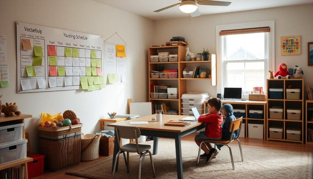 A homeschooling setup for an autistic child with visual schedules and sensory-friendly materials A homeschooling setup for an autistic child with visual schedules and sensory-friendly materials
