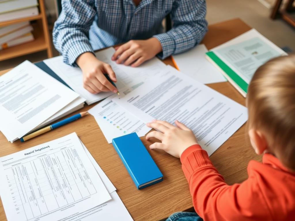 A parent reviewing educational documents and planning materials for their autistic child A parent reviewing educational documents and planning materials for their autistic child
