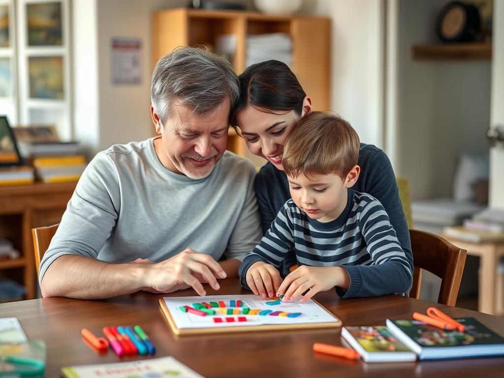 A parent working with their autistic child on a homeschool activity while maintaining a positive connection A parent working with their autistic child on a homeschool activity while maintaining a positive connection