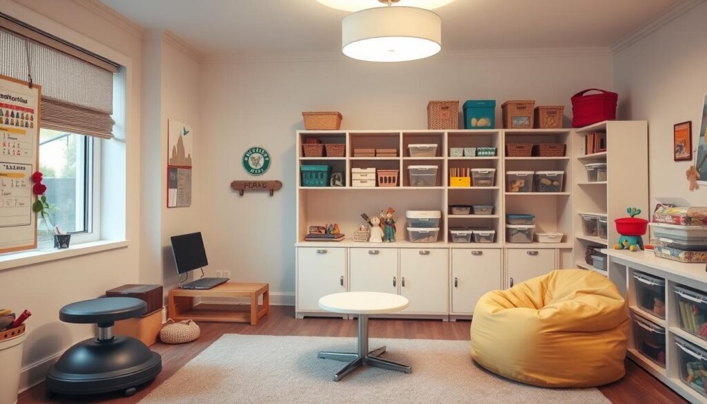 A sensory-friendly learning space with various accommodations for an autistic child A sensory-friendly learning space with various accommodations for an autistic child