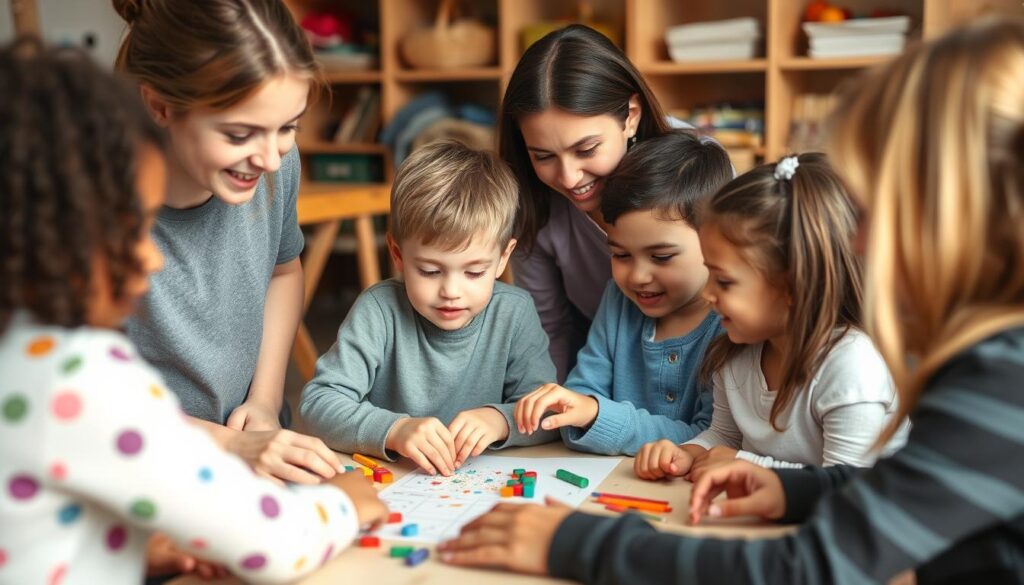 A small group of children including an autistic child participating in a homeschool co-op activity
