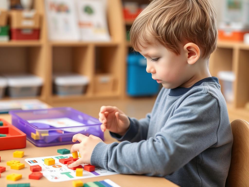 An autistic child engaged in hands-on learning with specialized materials An autistic child engaged in hands-on learning with specialized materials