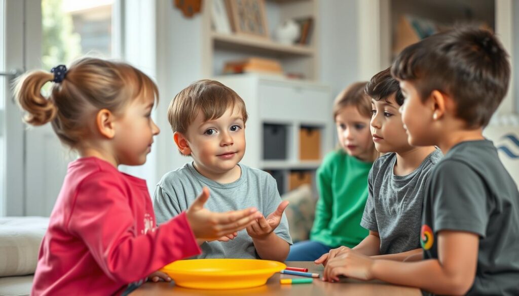 Child explaining to friends about their sibling with autism during a playdate