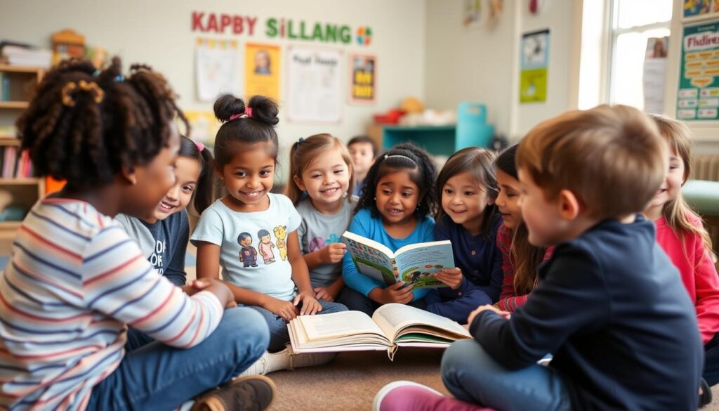 Children in a sibling support group sharing experiences and playing together