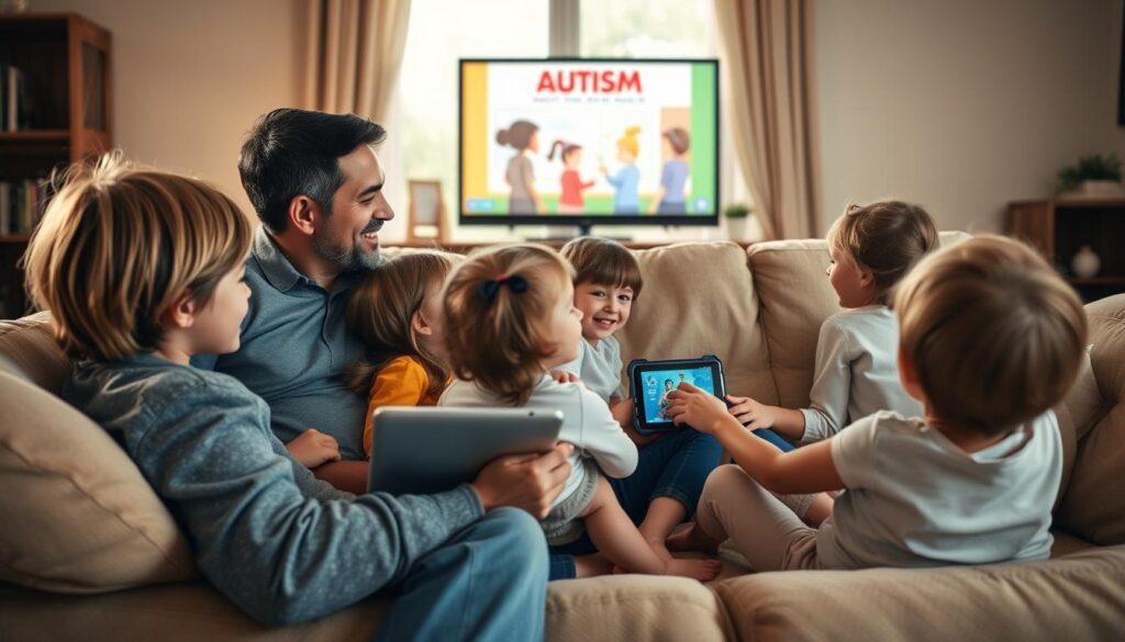 Family watching an educational video about autism together