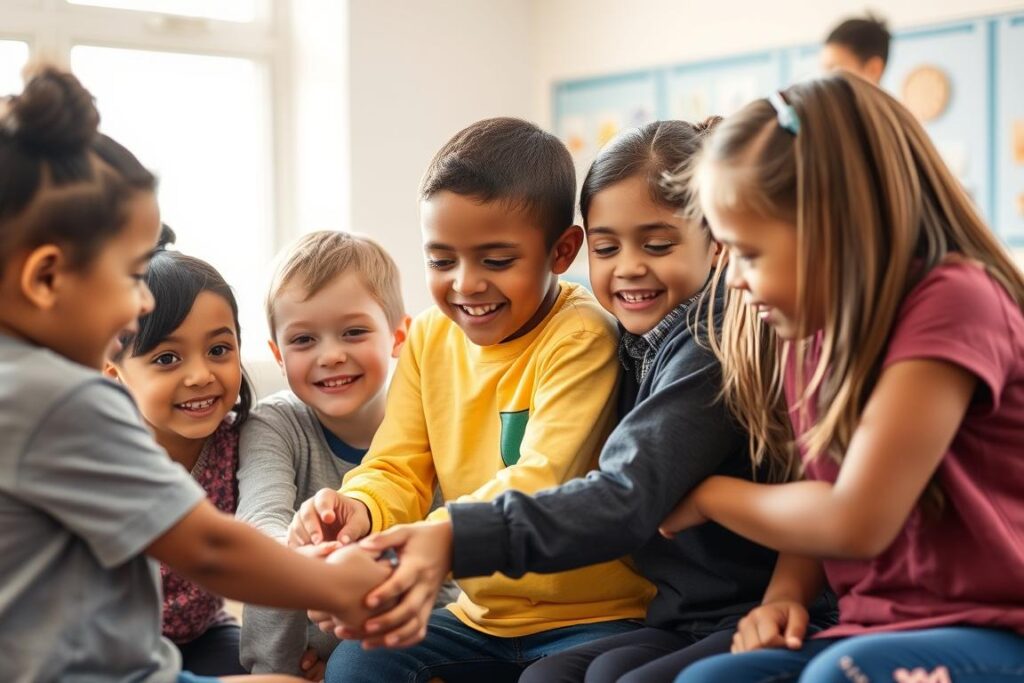 Group of diverse children including a child with autism playing together inclusively