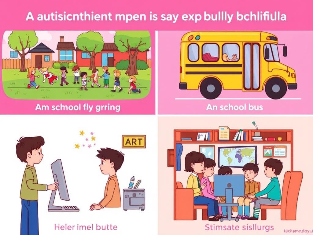Illustration showing different environments where autistic children may experience bullying