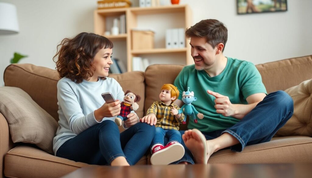 Parent and child with autism practicing social skills through role-play