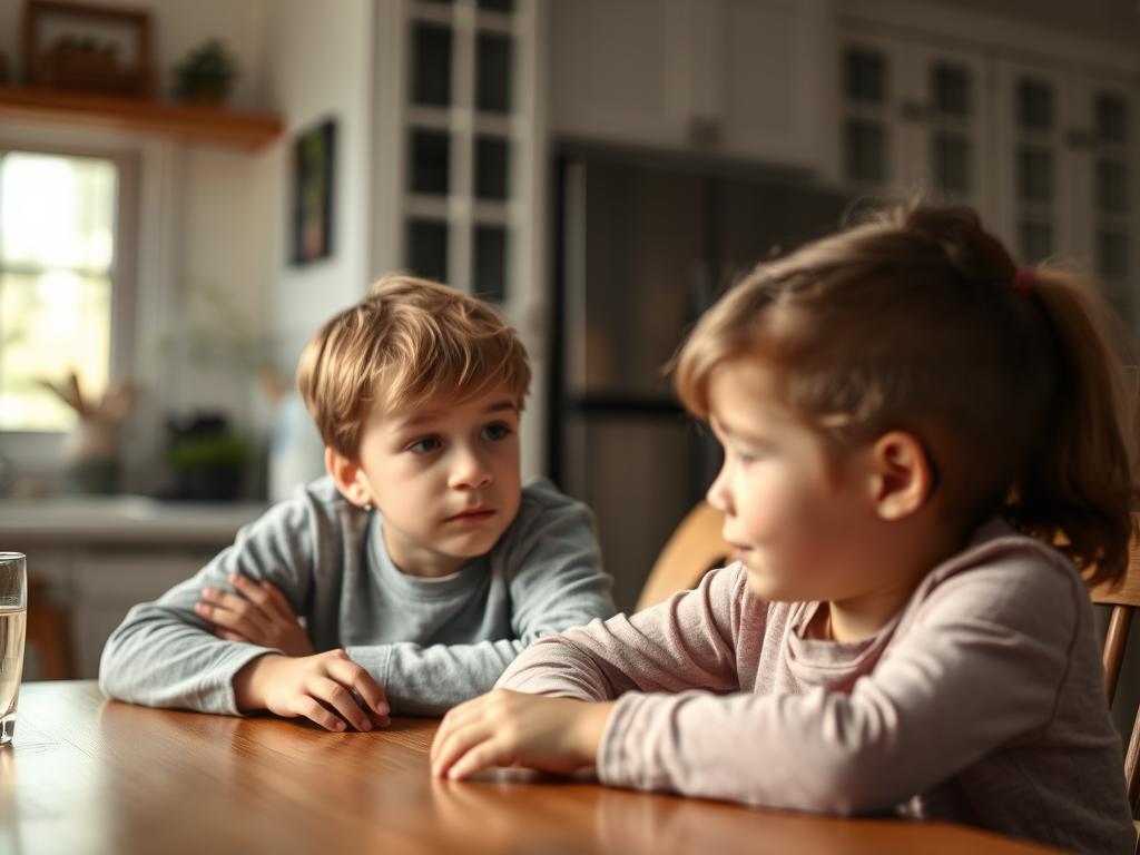 Parent answering questions from a curious child about their sibling with autism