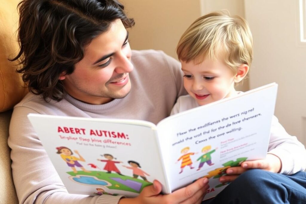 Parent reading a picture book about autism to a young child