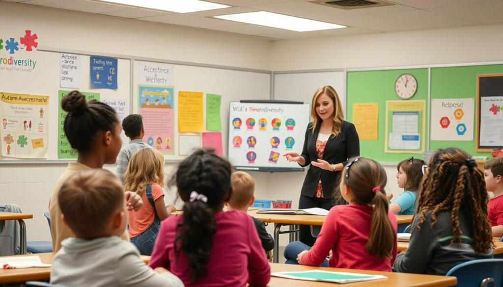 Teacher leading a classroom discussion about autism awareness and acceptance