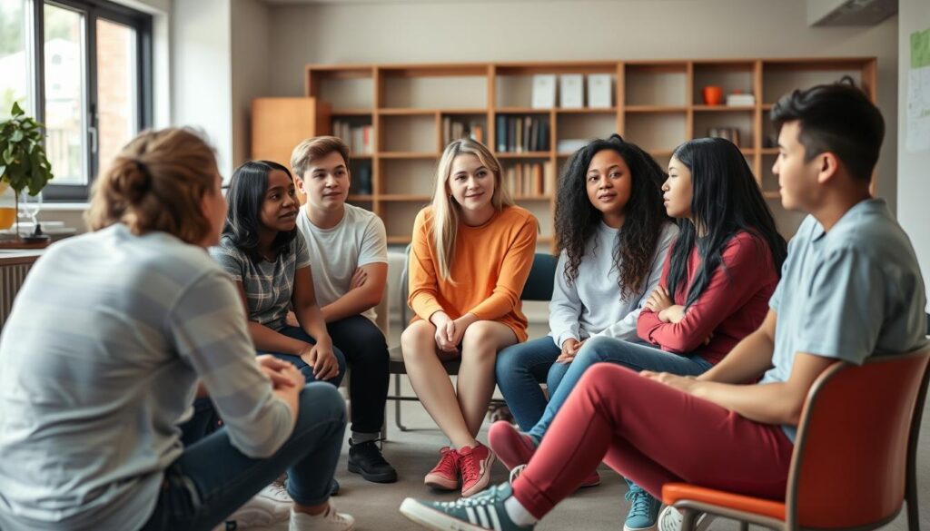 Teenagers in a support group circle discussing their experiences as siblings of children with autism