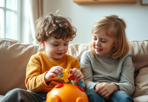Two siblings sitting together, one with autism and one neurotypical, sharing a moment of connection