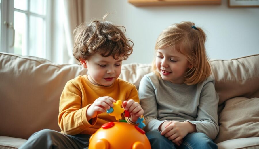 Two siblings sitting together, one with autism and one neurotypical, sharing a moment of connection