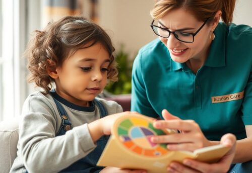 A carer and autistic child engaging in a supportive activity during respite care in the UK
