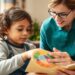 A carer and autistic child engaging in a supportive activity during respite care in the UK