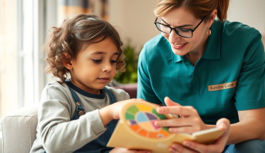 A carer and autistic child engaging in a supportive activity during respite care in the UK