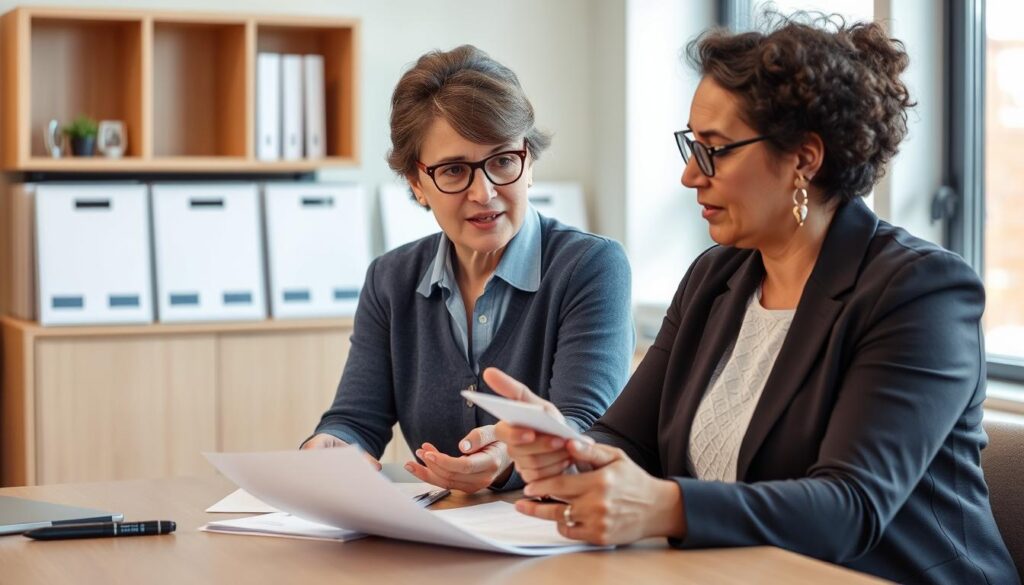 A parent and social worker discussing solutions to respite care challenges A parent and social worker discussing solutions to respite care challenges