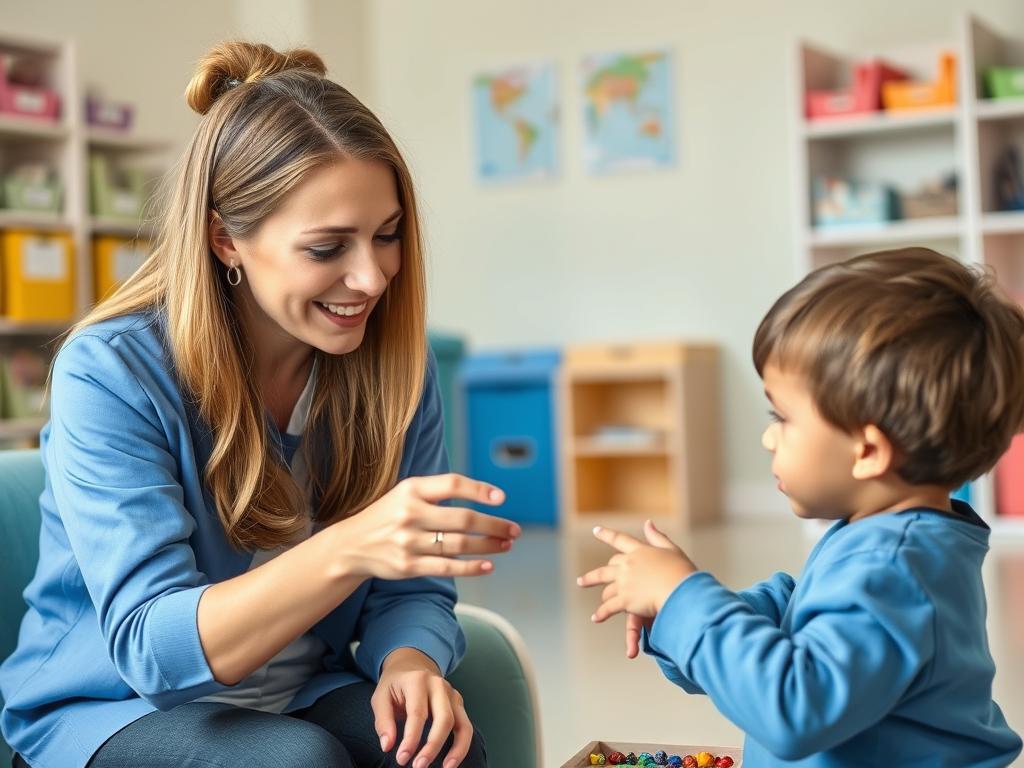 A respite care worker engaging with an autistic child using visual supports A respite care worker engaging with an autistic child using visual supports
