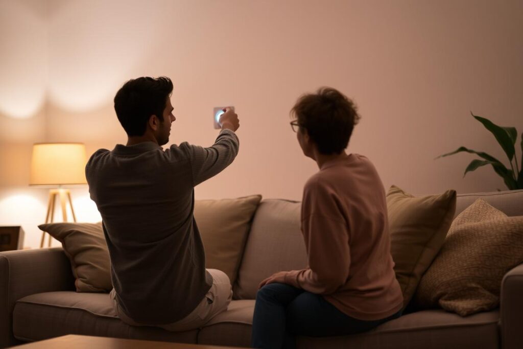 Couple creating a sensory-friendly environment at home with soft lighting and comfortable textures, showing accommodation of sensory needs in relationships for individuals with autism