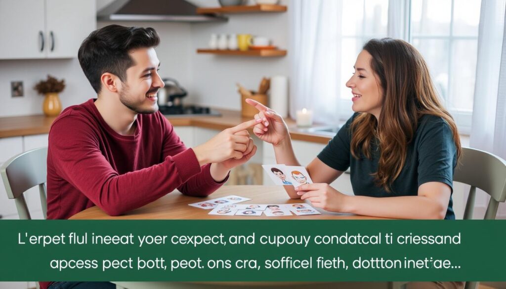 Couple using visual aids to communicate feelings, demonstrating effective communication strategies in dating and relationships for individuals with autism