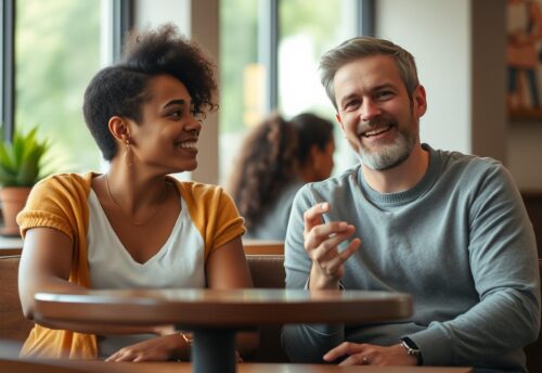 Diverse couple sitting in a cafe enjoying conversation, representing dating and relationships for individuals with autism