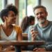 Diverse couple sitting in a cafe enjoying conversation, representing dating and relationships for individuals with autism