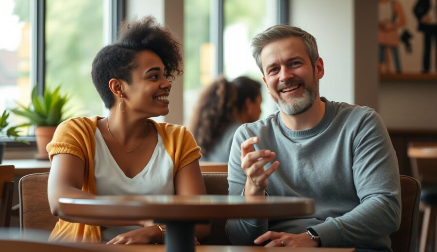 Diverse couple sitting in a cafe enjoying conversation, representing dating and relationships for individuals with autism