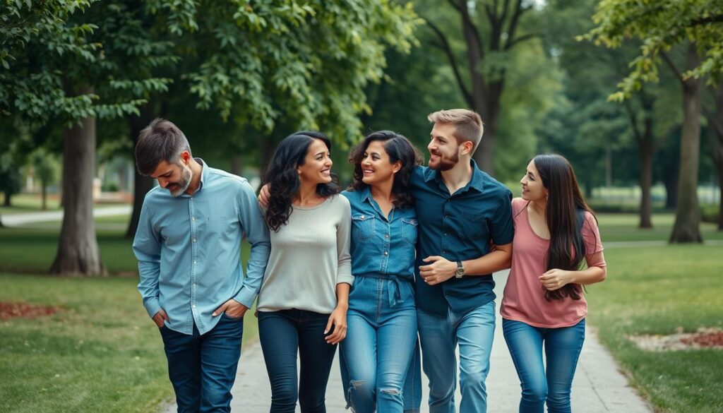 Diverse couples walking together in a park, representing the diverse experiences of dating and relationships for individuals with autism