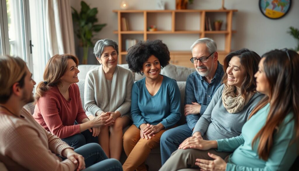 Group of parents in a support circle sharing experiences about self-care for parents of autistic children