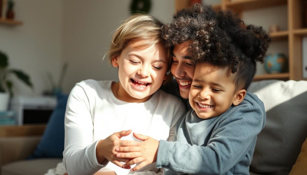 Parent and autistic child smiling together, showing the positive impact of self-care for parents of autistic children