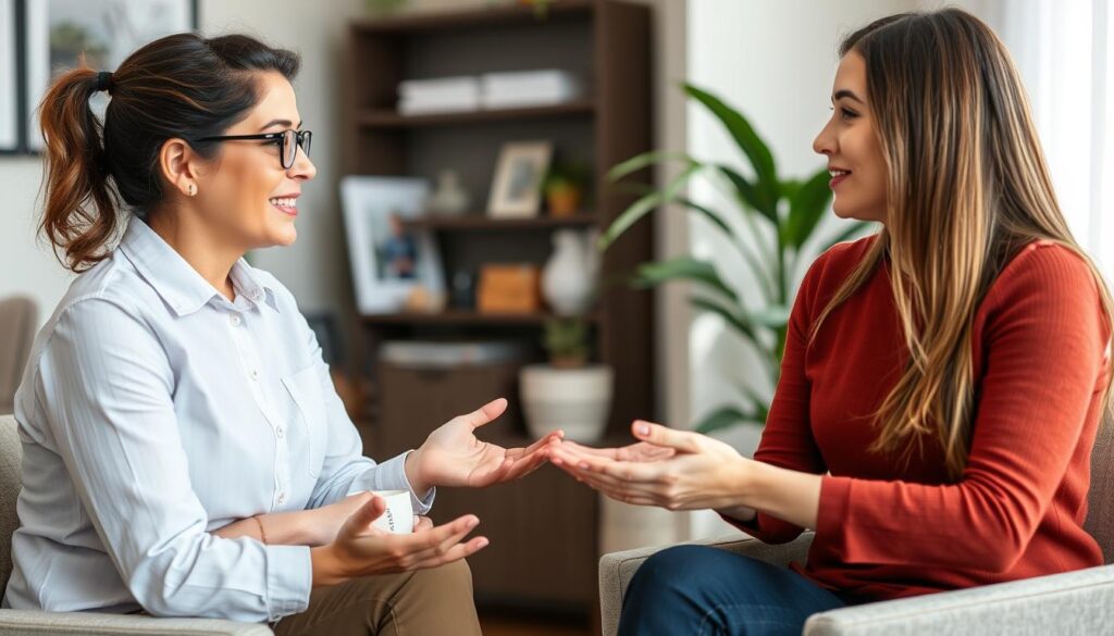 Parent confidently speaking with therapist while setting boundaries, illustrating self-care for parents of autistic children