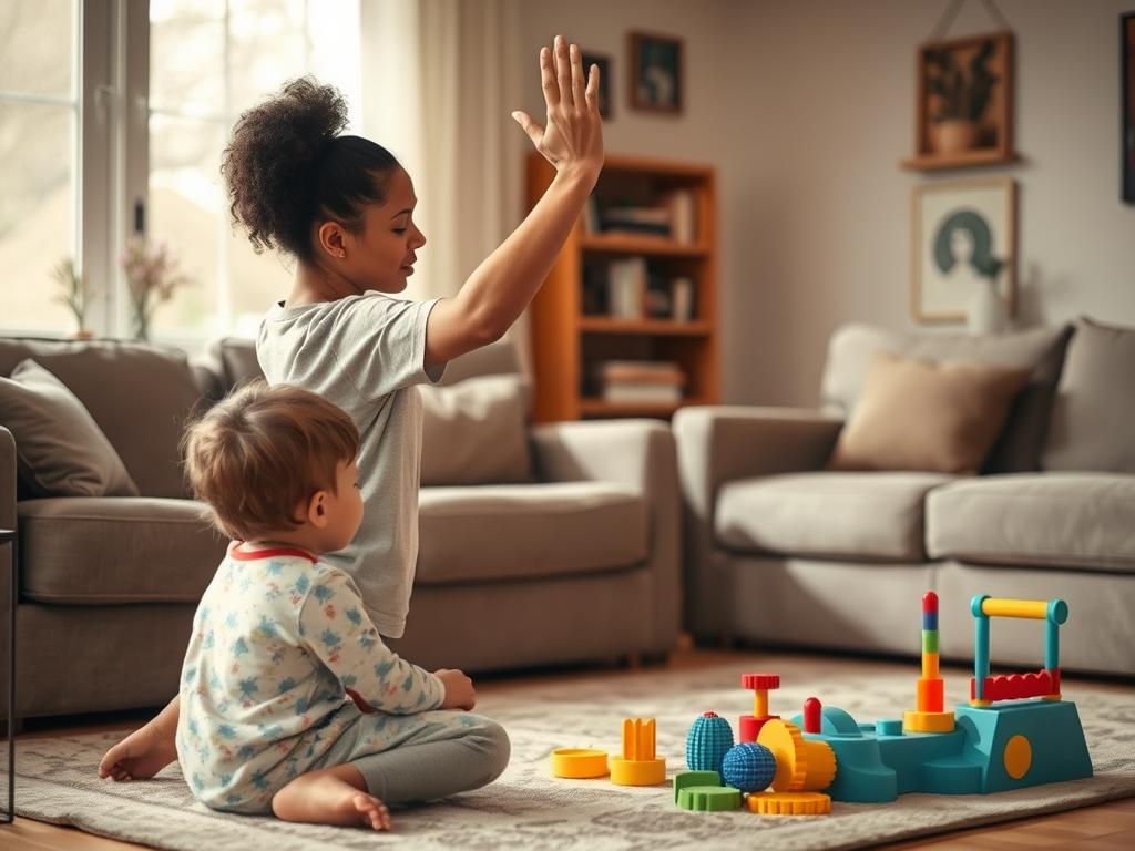 Parent doing quick stretching exercise while child plays nearby, showing practical self-care for parents of autistic children
