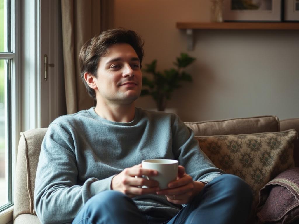 Parent enjoying a quiet cup of tea during a brief moment alone, showing micro self-care for parents of autistic children