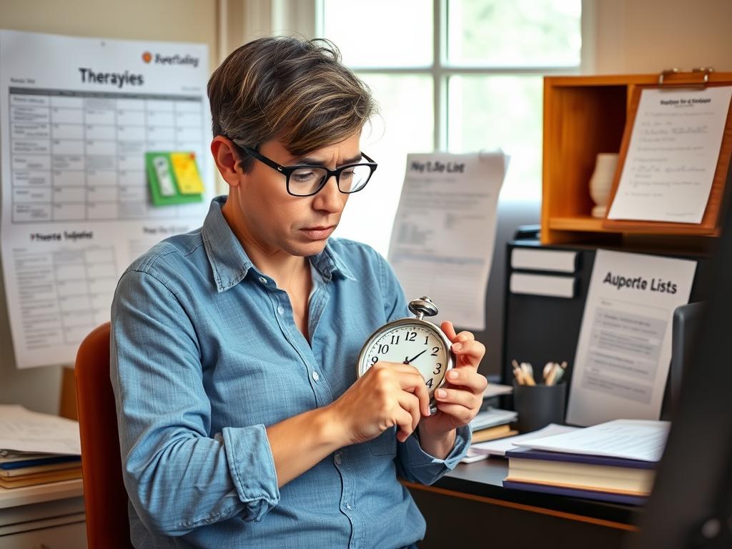 Parent looking at clock while surrounded by therapy schedules and to-do lists, representing time constraints in self-care for parents of autistic children