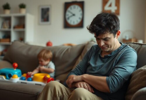 Parent looking exhausted while child plays in background, illustrating the need for self-care for parents of autistic children