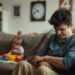 Parent looking exhausted while child plays in background, illustrating the need for self-care for parents of autistic children