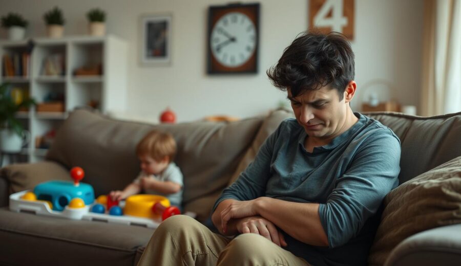 Parent looking exhausted while child plays in background, illustrating the need for self-care for parents of autistic children
