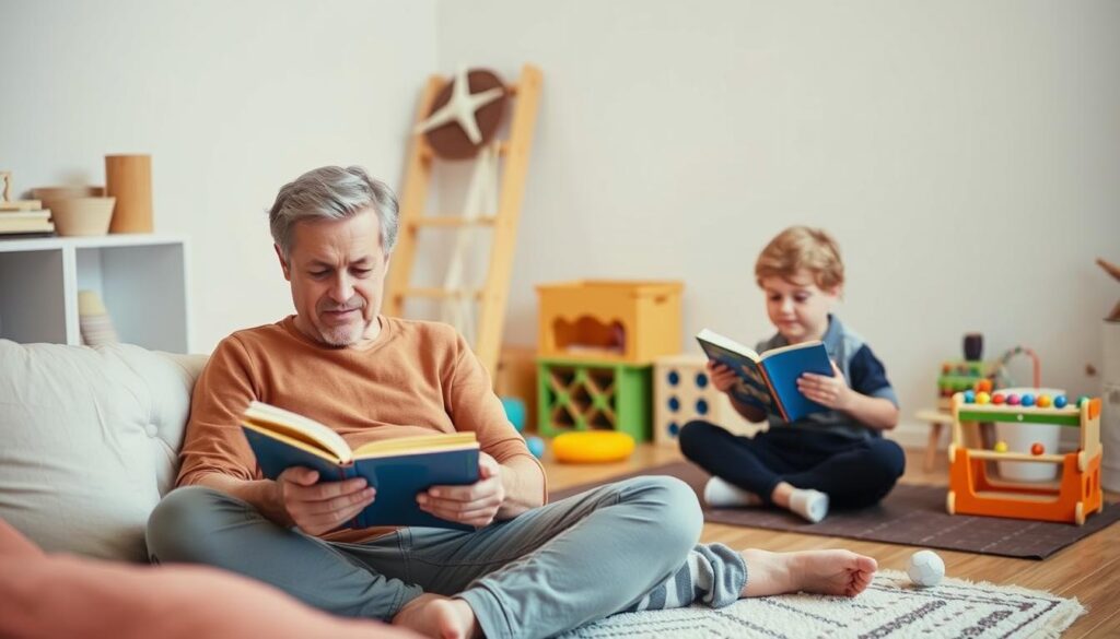 Parent practicing self-care while child plays independently
