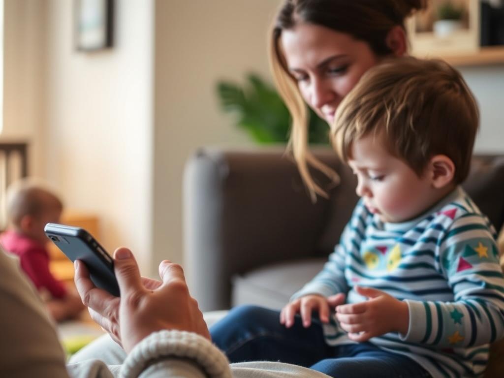 Parent using self-care app on smartphone while monitoring child, showing tech tools for self-care for parents of autistic children