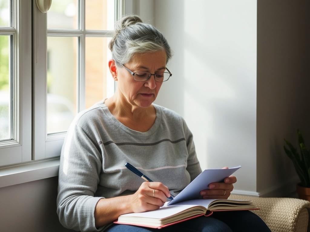 Parent writing in journal while sitting by window, representing reflective self-care for parents of autistic children